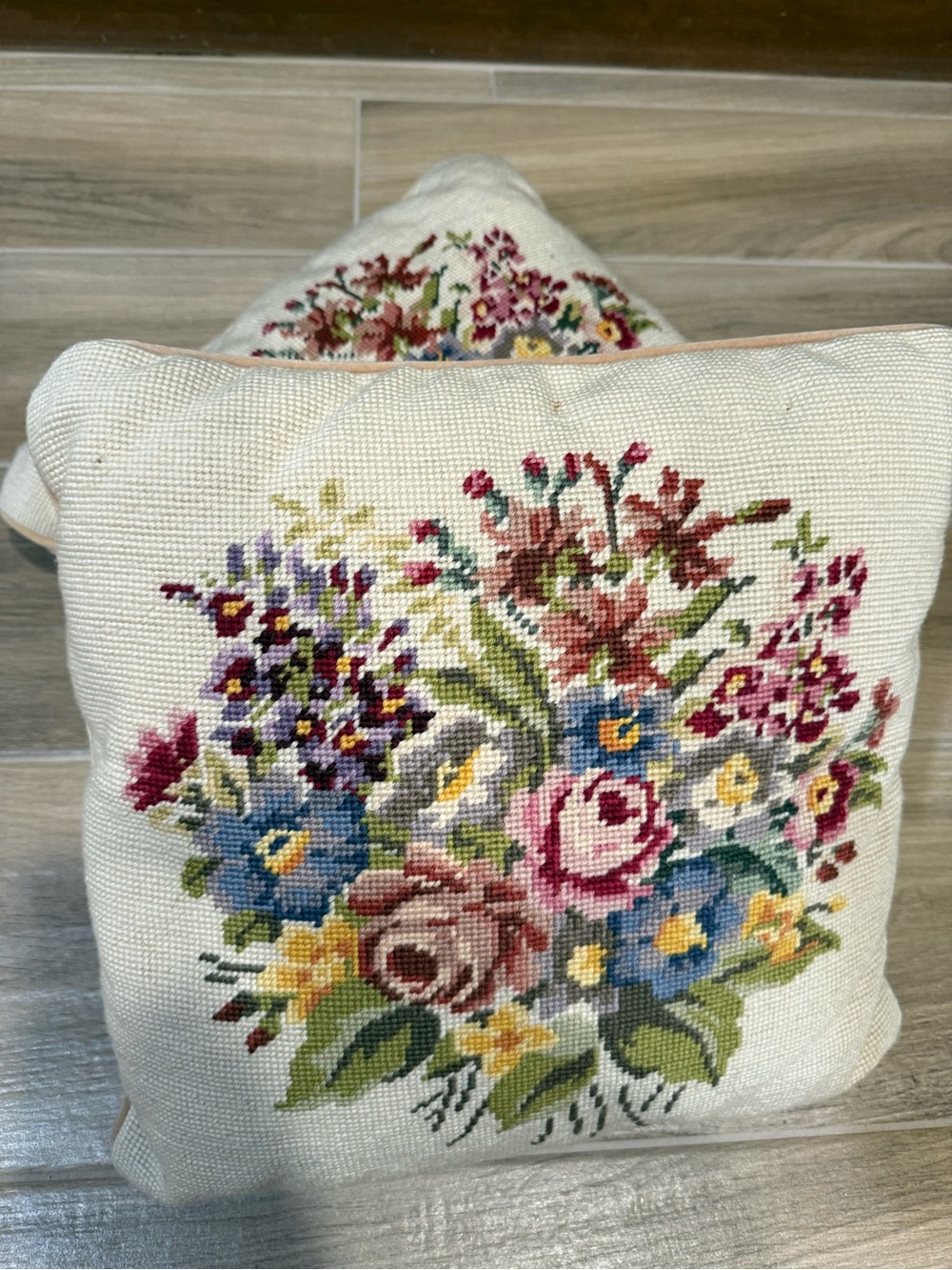 2 Floral Needlepoint Accent Pillows 16x16 square, removable cases